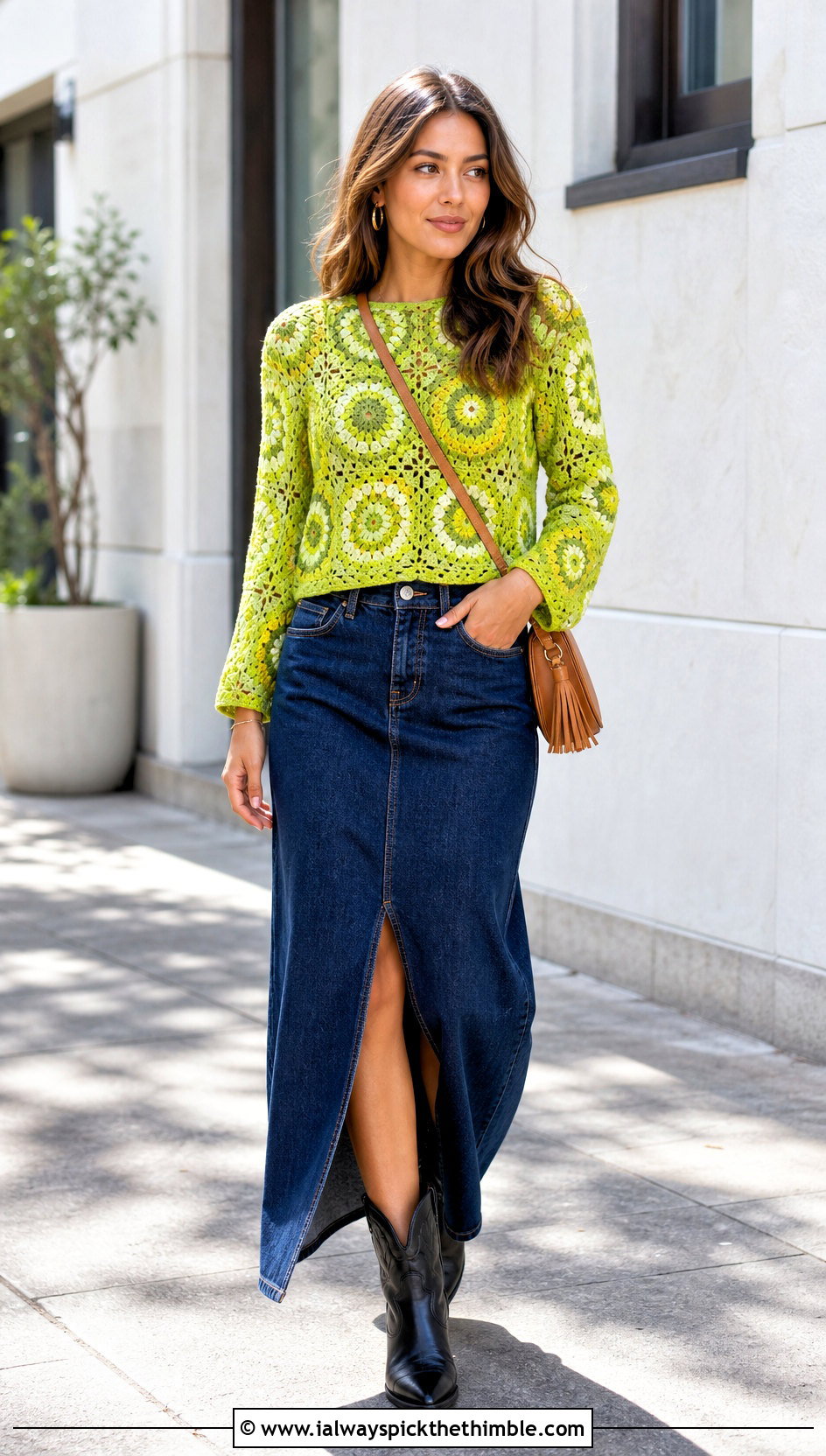 Sunburst Granny Square Long Sleeve Top With Denim Maxi Skirt - 20 Granny Square Long Sleeve Top outfit ideas