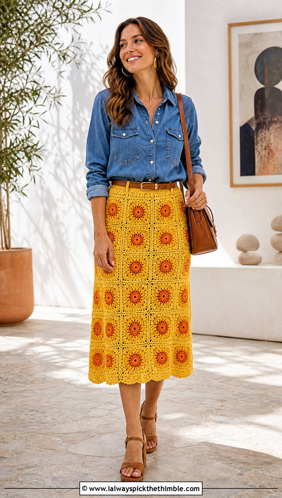 Sunburst Granny Square Midi Skirt With Denim Shirt - 20 granny square crochet skirt outfit ideas