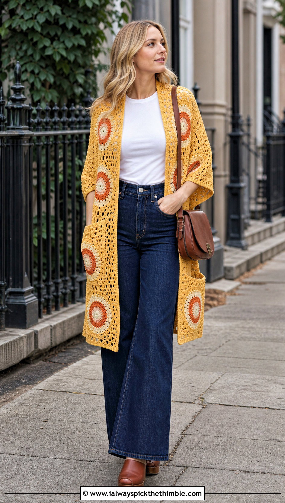 Sunburst Granny Square Pocket Shawl With Wide Leg Jeans - 20 Granny Square Pocket Shawl outfit ideas