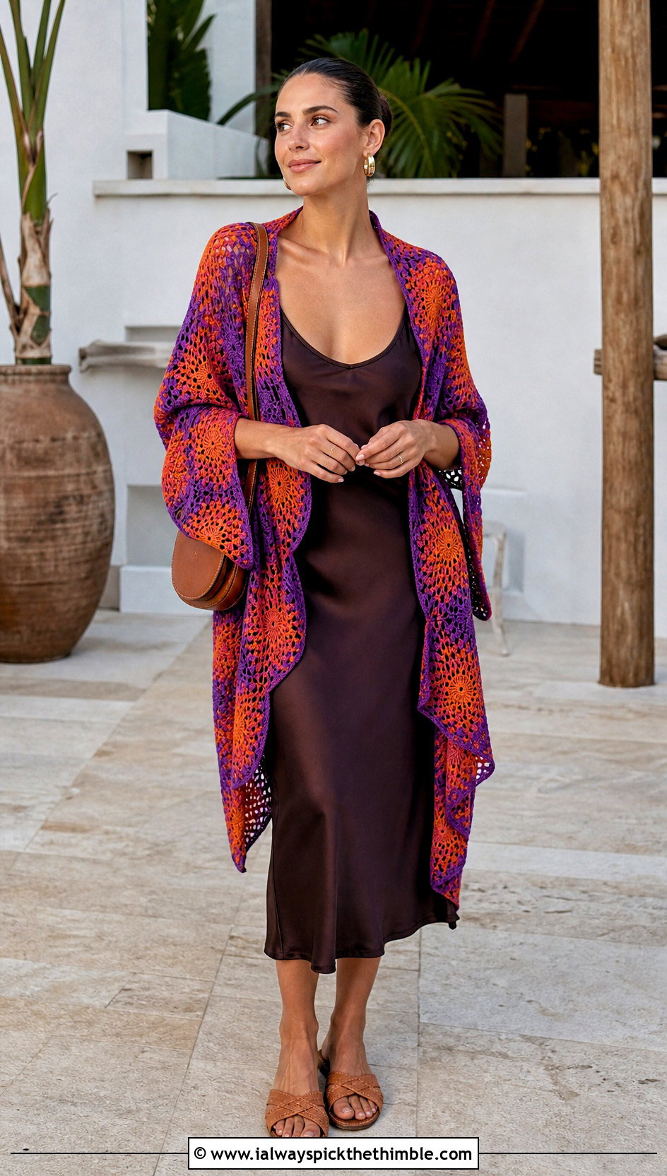 Sunburst Granny Square Ruana With Slip Dress - 20 Granny Square Ruana outfit ideas