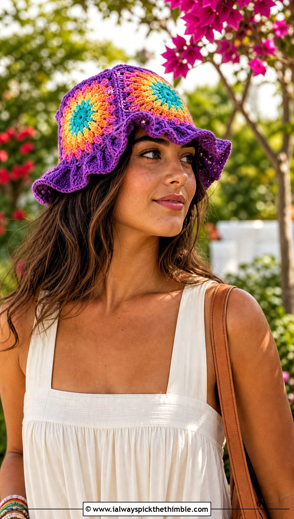 Sunburst Granny Square Ruffle Crochet Bucket Hat With Maxi Dress - 20 Frilly Crochet Bucket Hat outfit ideas