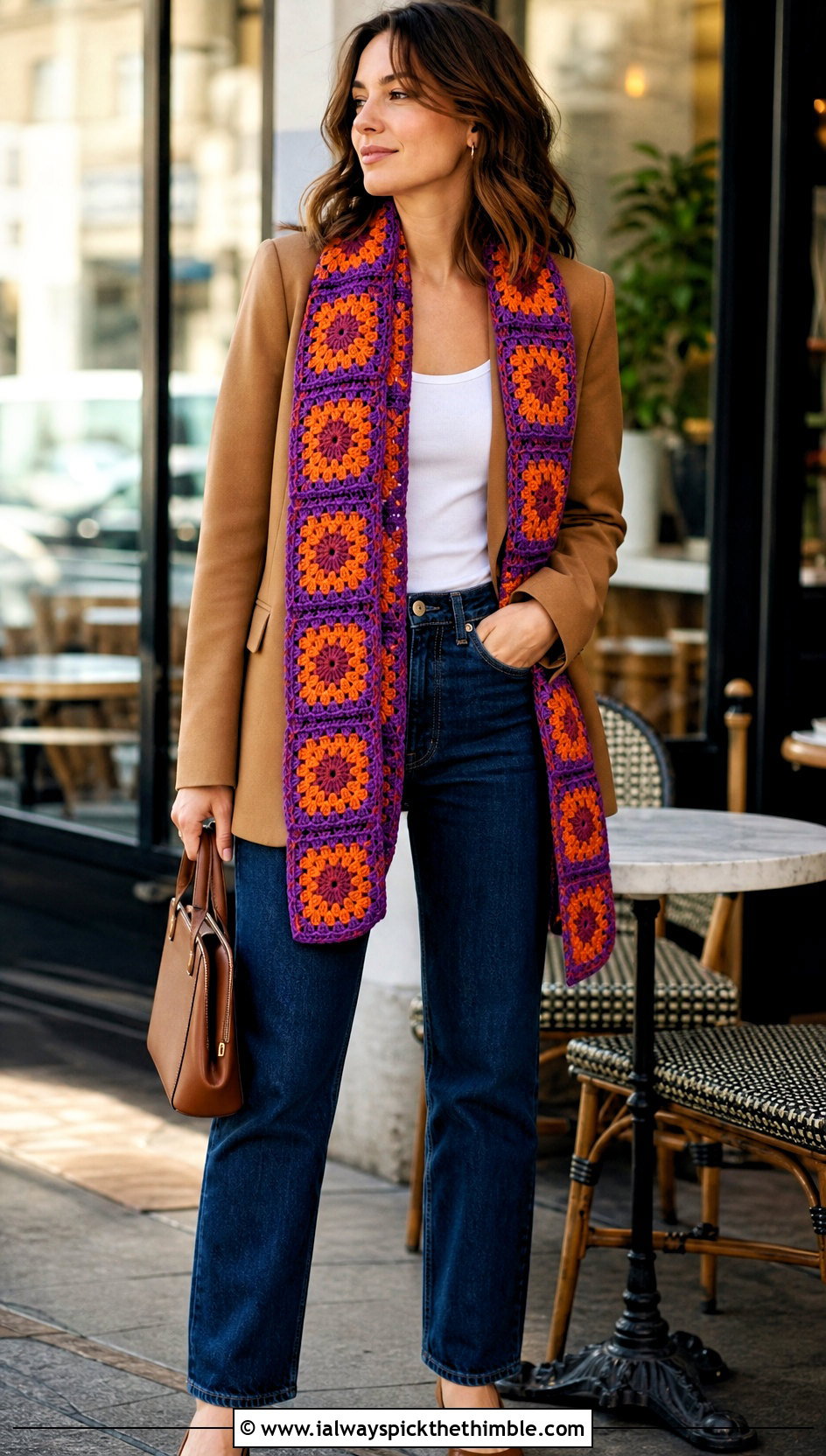 Sunburst Granny Square Scarf With Blazer And Straight Leg Jeans - 20 crochet scarf squares outfit ideas