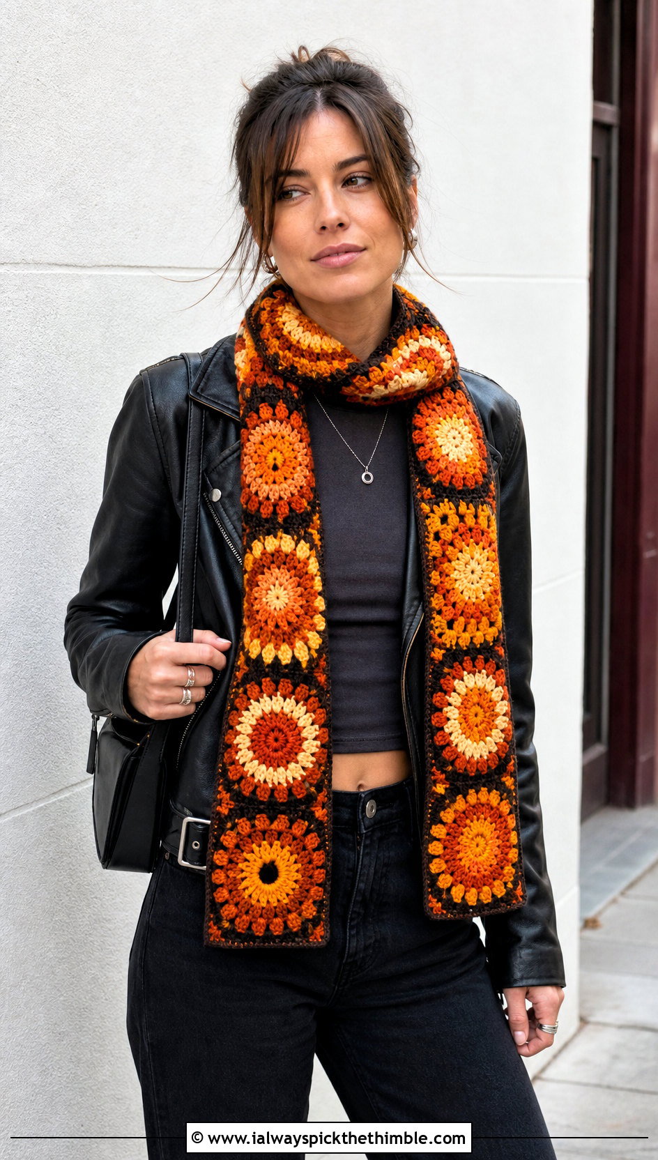 Sunburst Granny Square Scarf With Leather Jacket And Black Jeans - 20 granny square scarves outfit ideas