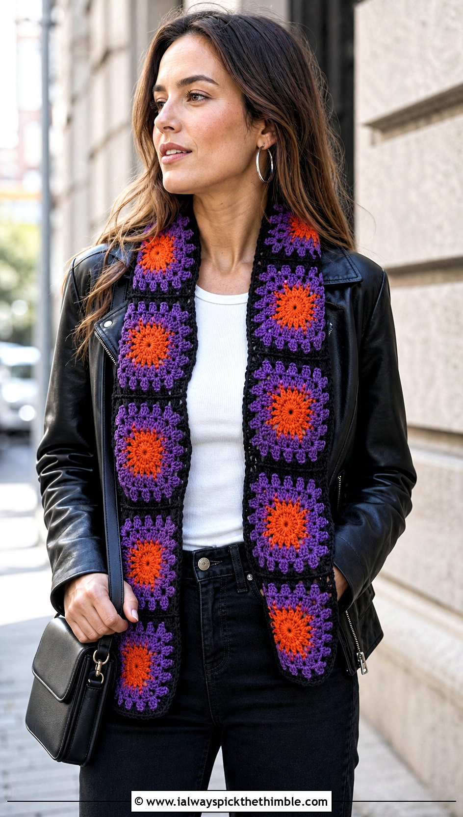 Sunburst Granny Square Scarf With Leather Jacket And Black Jeans - 20 crochet granny square scarf outfit ideas
