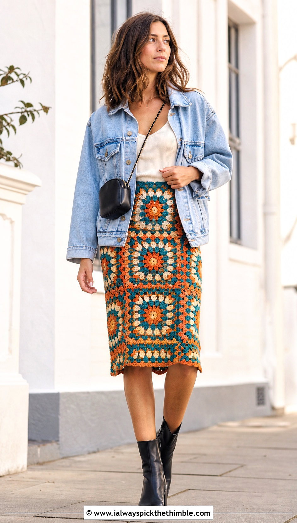 Sunburst Granny Square Skirt With Denim Jacket - 25 granny square skirt outfit ideas