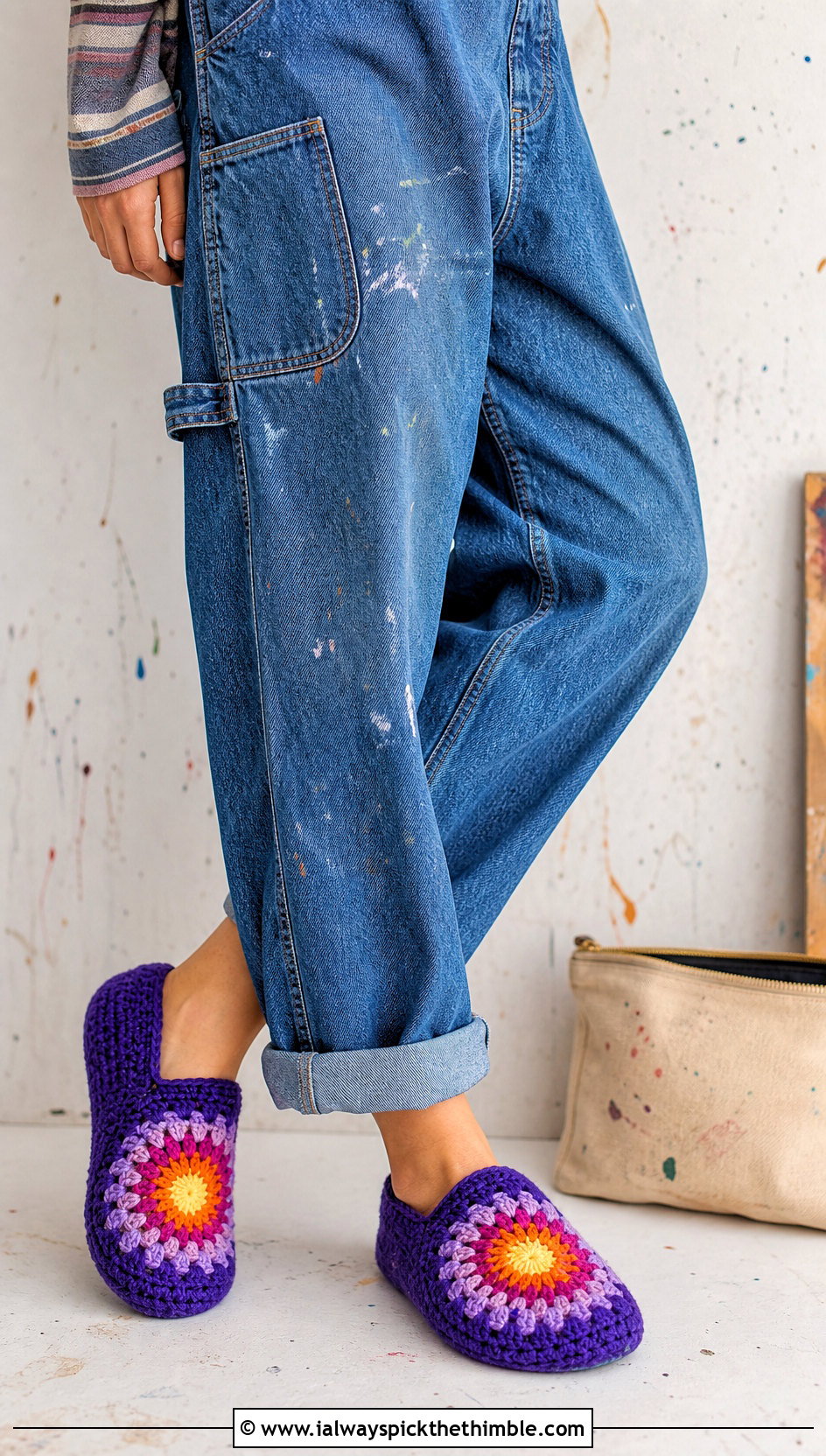 Sunburst Granny Square Slippers With Denim Overalls - 25 granny square slippers outfit ideas