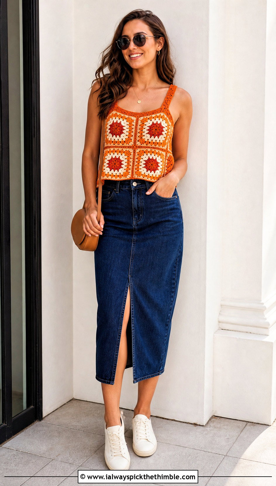 Sunburst Granny Square Tank Top With Denim Midi Skirt - 20 Crochet Square Tank Top outfit ideas
