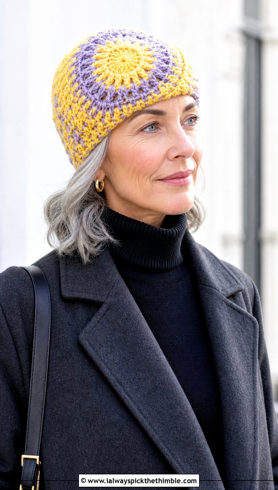 Sunburst Mandala Crochet Beanie With Long Wool Coat - 20 Mandala Crochet Beanie outfit ideas