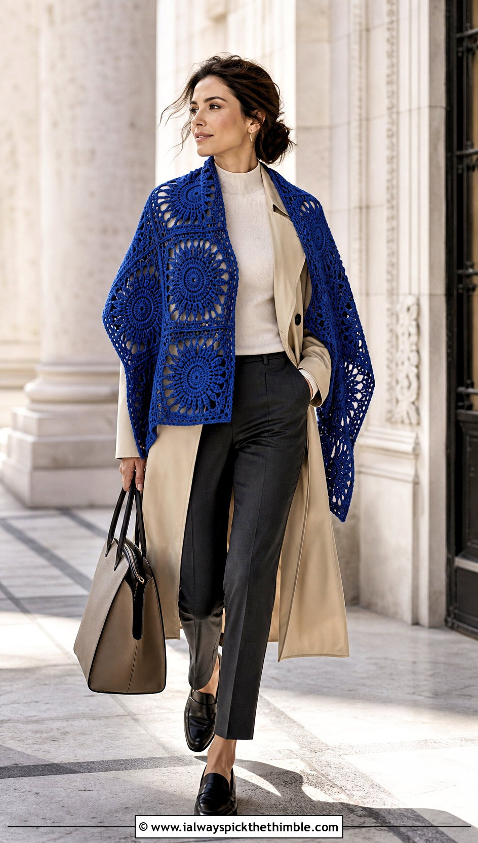 Sunburst Square Crochet Shawl With Trench Coat - 20 Square Crochet Shawl outfit ideas