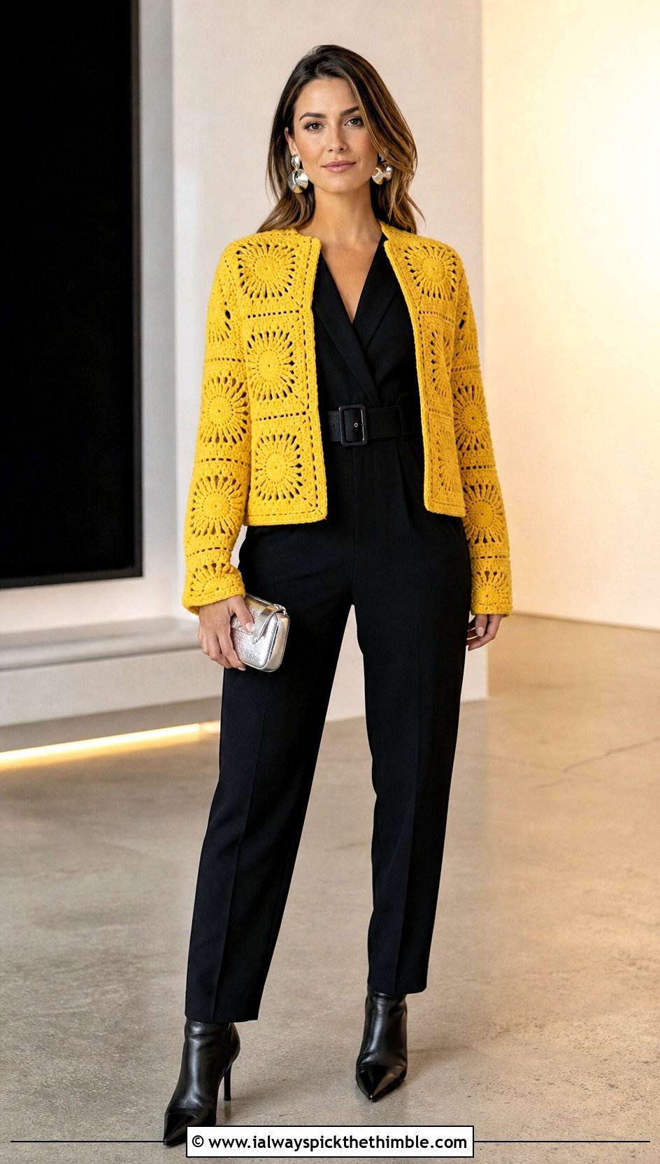 Sunburst Square Jacket With Black Jumpsuit - 20 crochet square jacket outfit ideas
