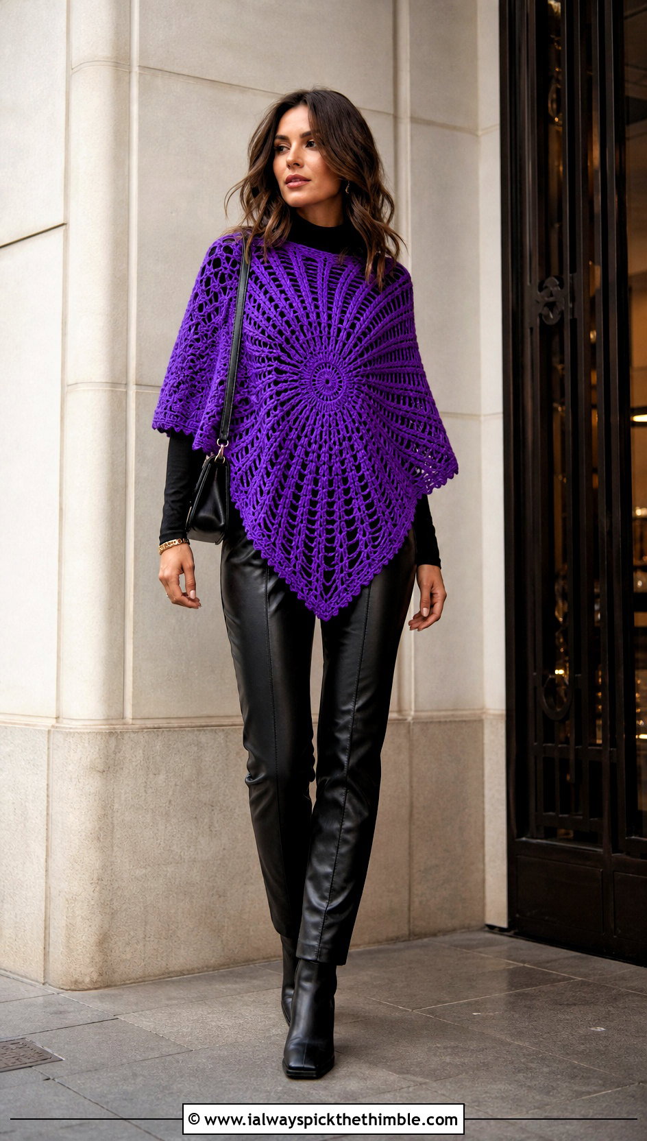 Sunburst Square Poncho With Black Leather Pants - 20 crochet square poncho outfit ideas
