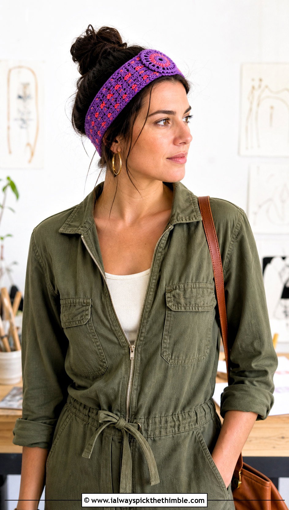 Sunburst Triangle Headband With Utility Jumpsuit And Clogs - 20 crochet triangle headband outfit ideas