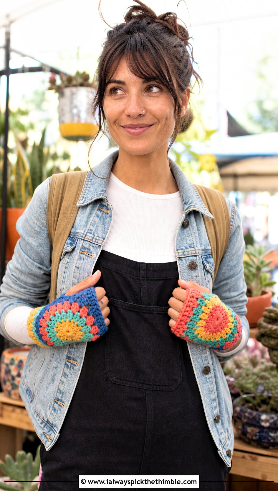 Sunburst Wrist Warmers With Denim Jacket And Black Overalls - 25 crochet wrist warmers outfit ideas