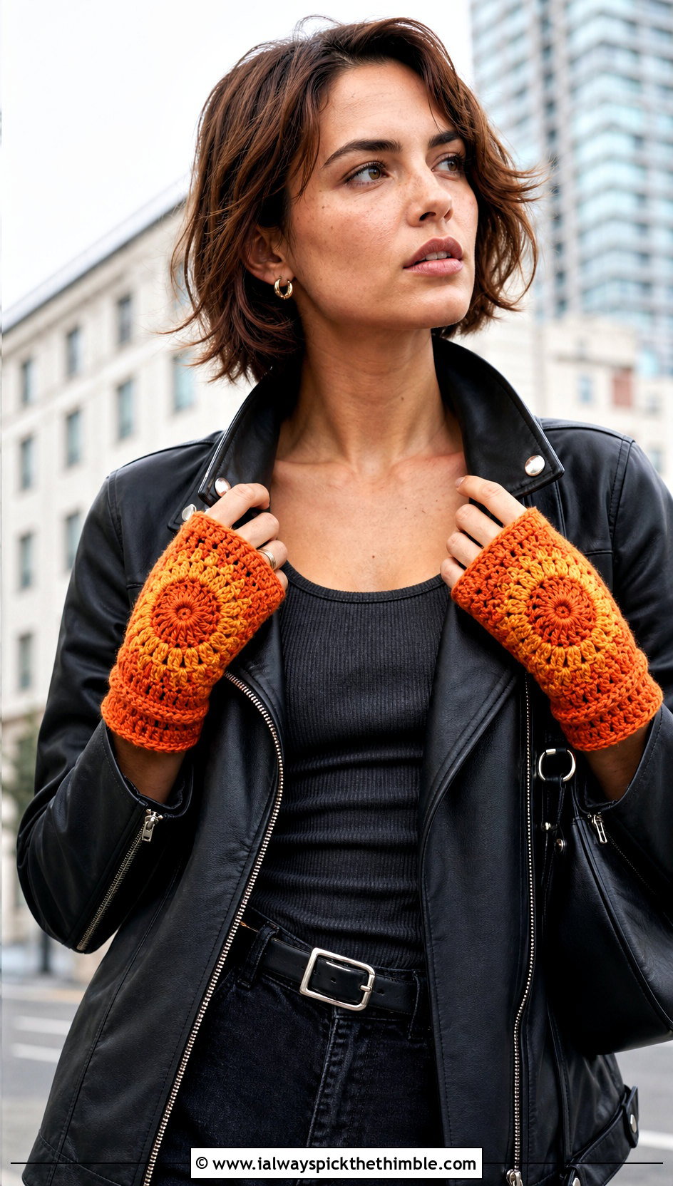 Sunburst Wrist Warmers With Leather Jacket - 20 crochet glove outfit ideas