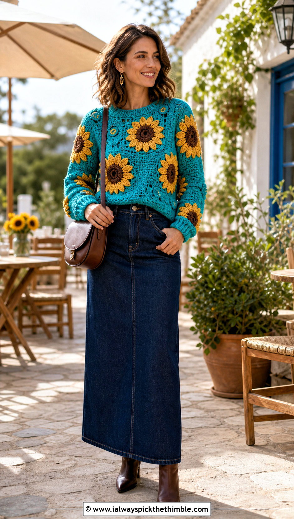 Sunflower Amigurumi Sweater With Denim Maxi Skirt - 20 amigurumi sweater outfit ideas