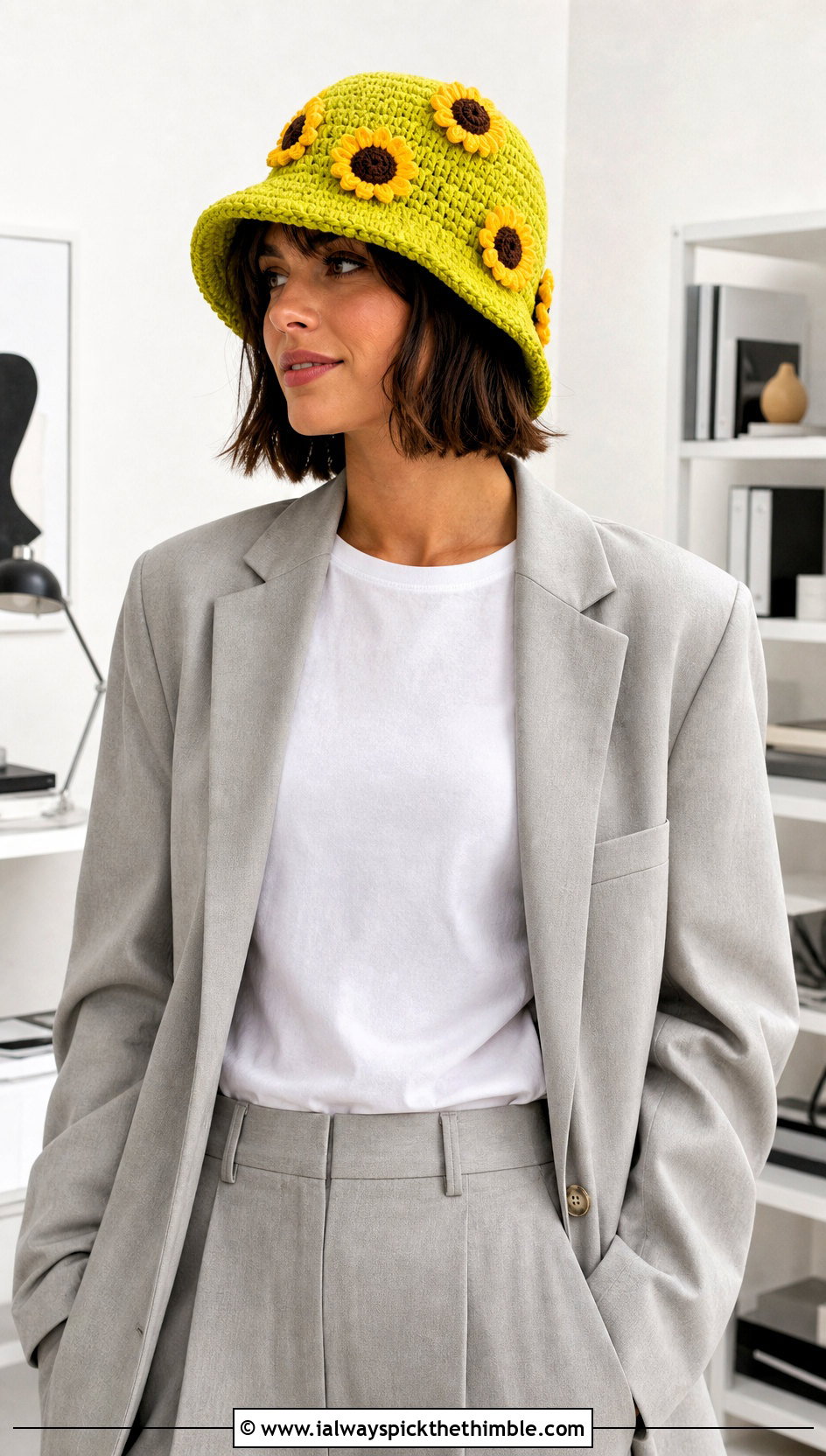 Sunflower Applique Bucket Hat With Blazer And Trousers - 15 Handmade Crochet Sunflower Hat outfit ideas