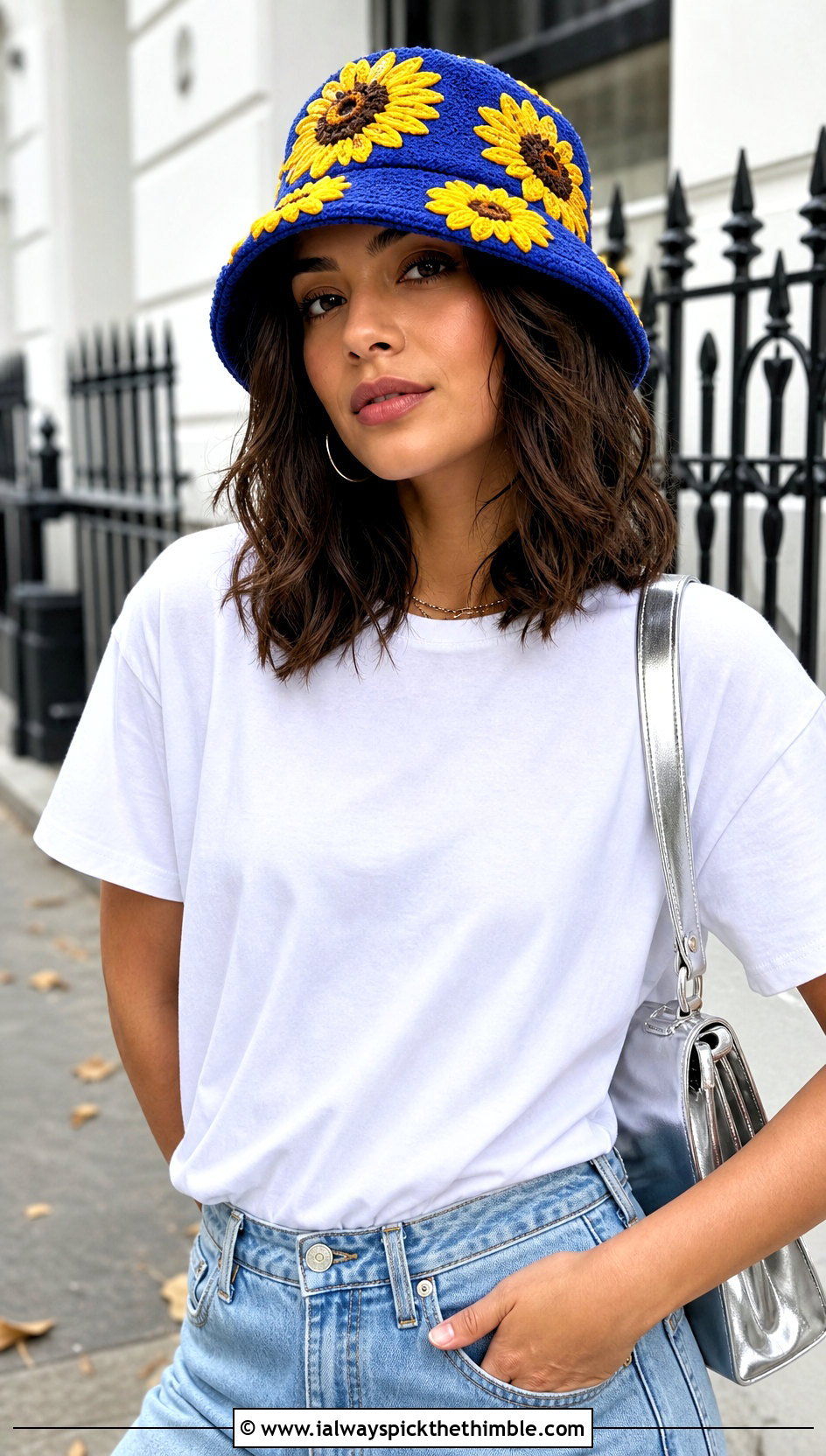 Sunflower Applique Bucket Hat With Wide Leg Jeans - 25 crochet sunflower bucket hat outfit ideas