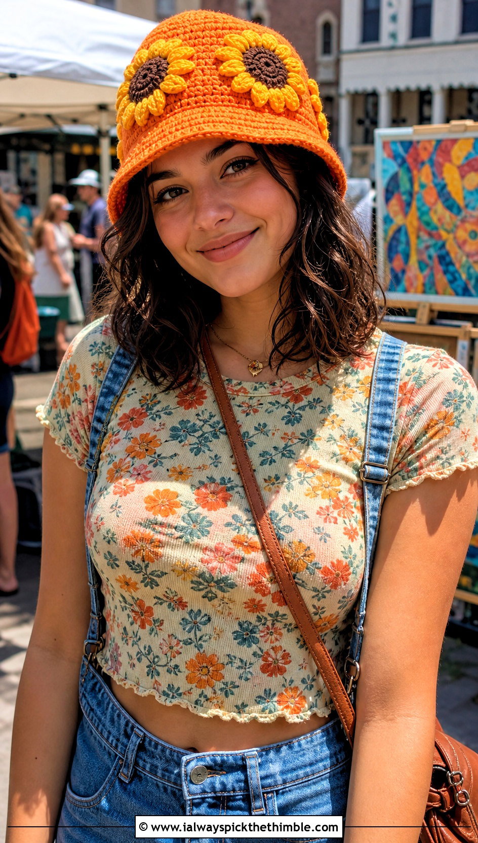 Sunflower Applique Crochet Bucket Hat With Denim Overalls - 15 crochet bucket hat with floral outfit ideas