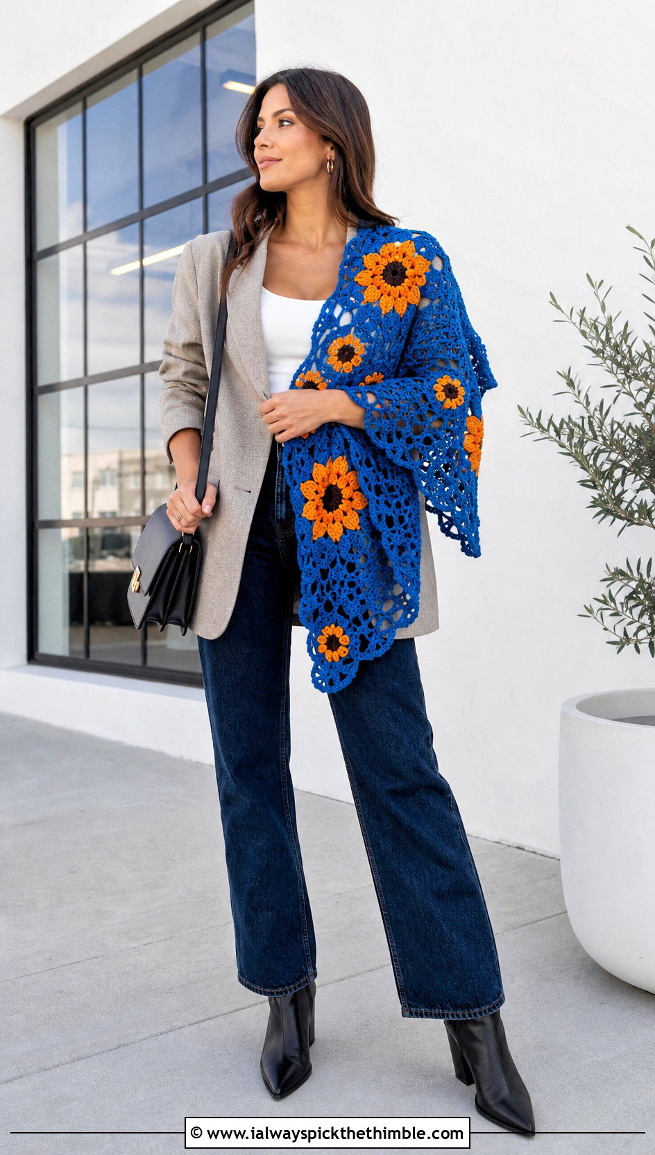 Sunflower Applique Crochet Shawl With Blazer And Jeans - 20 Sunflower Crochet Shawl outfit ideas