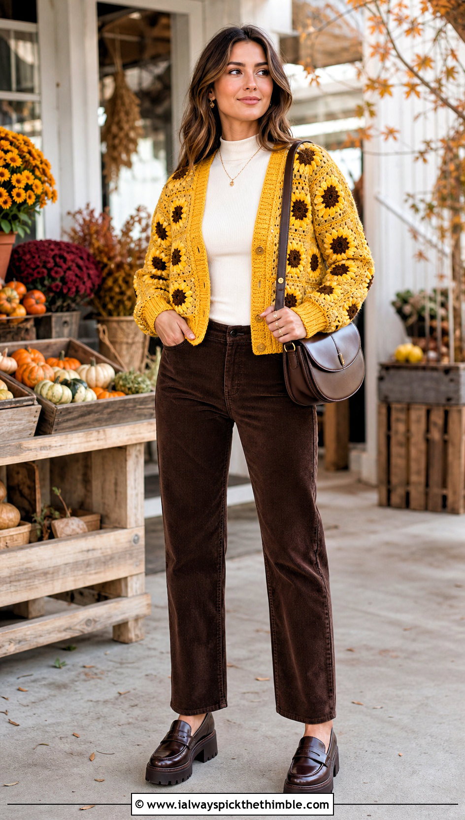 Sunflower Block Cardigan With Corduroy Pants - 20 crochet block cardigan outfit ideas