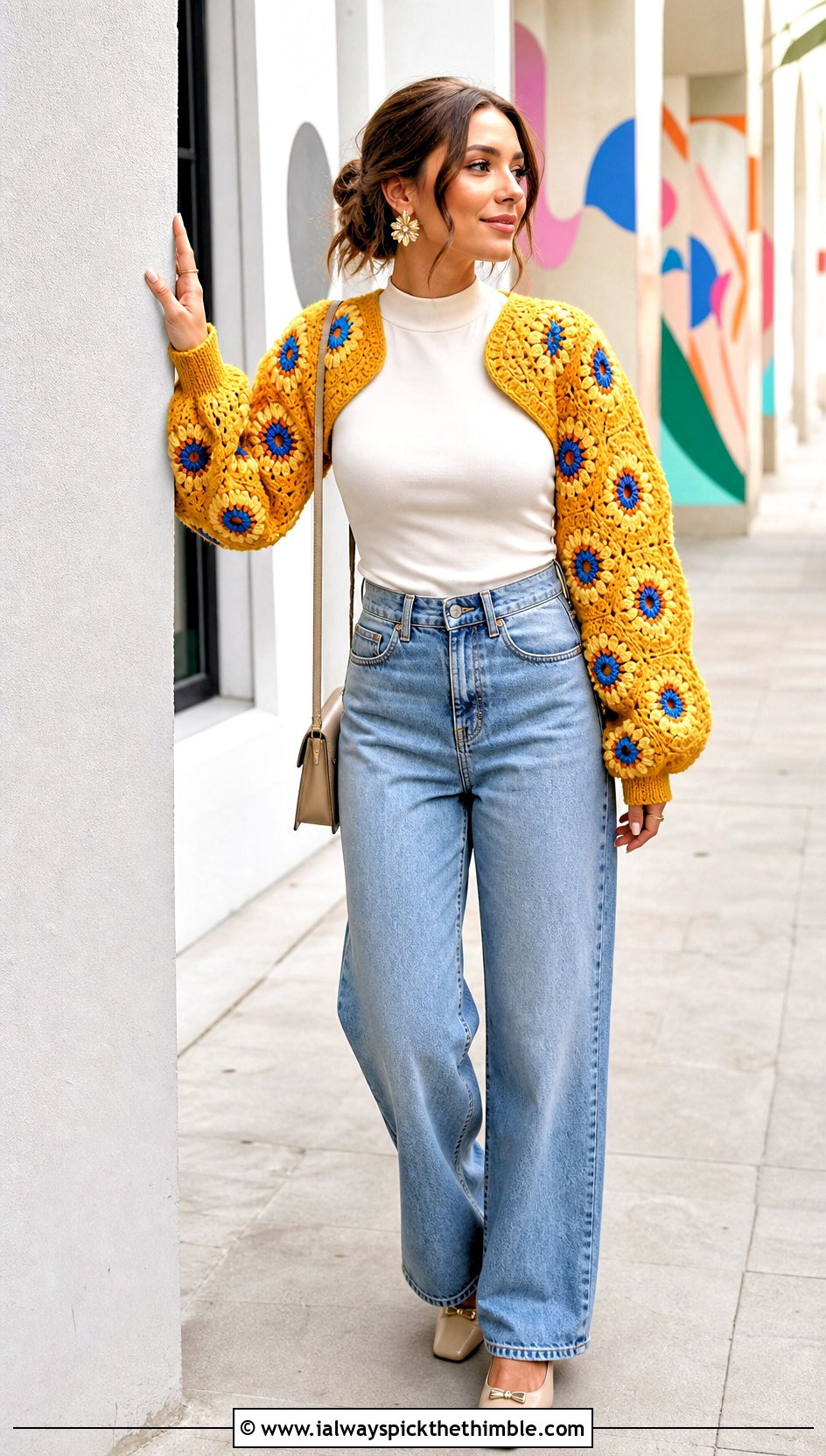 Sunflower Bolero Sweater With Tank And High Rise Jeans - 25 crochet sunflower sweater outfit ideas