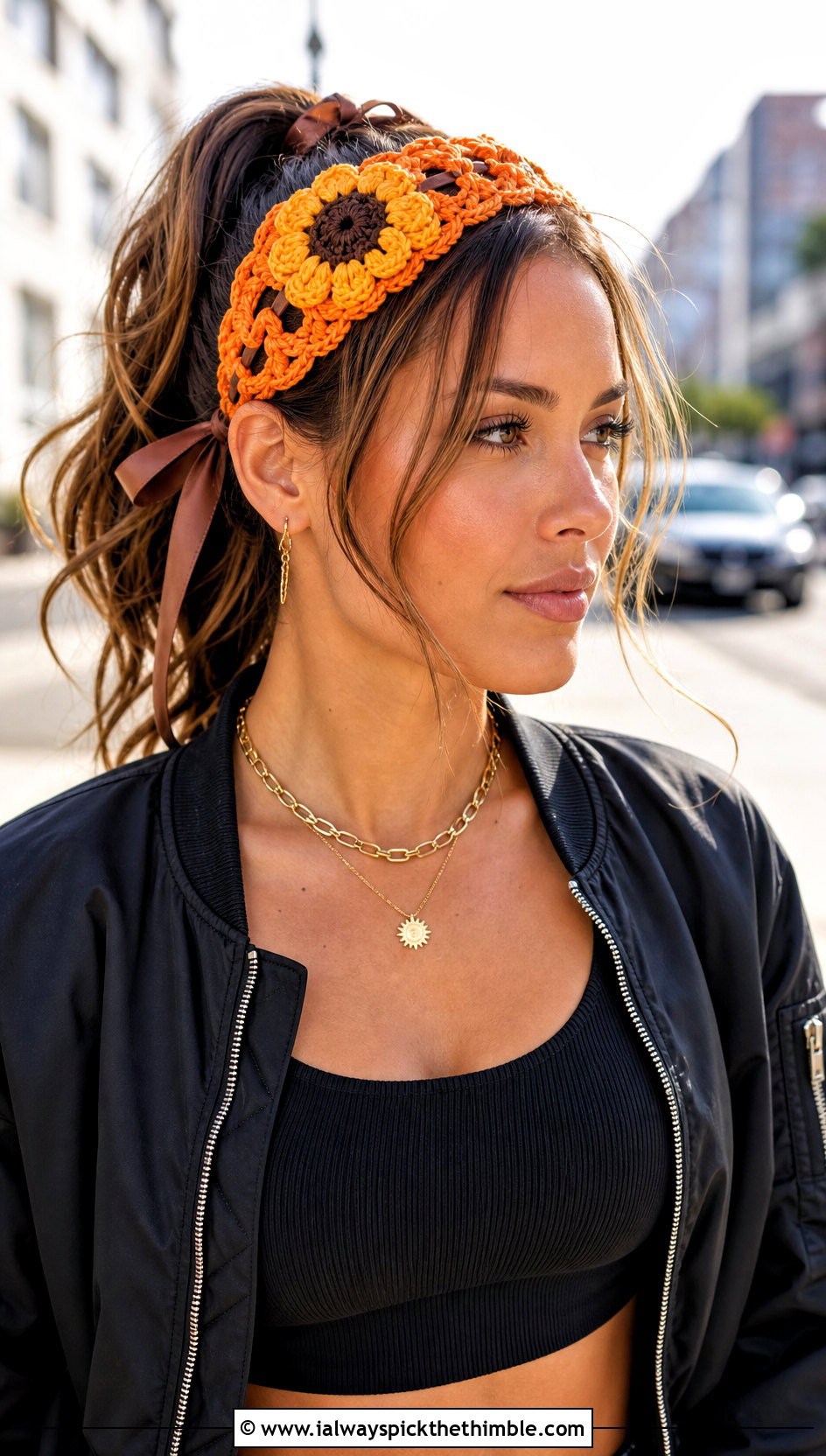 Sunflower Braided Ribbon Crochet Headband With Cargo Pants - 15 crochet headband with flower and ribbon outfit ideas