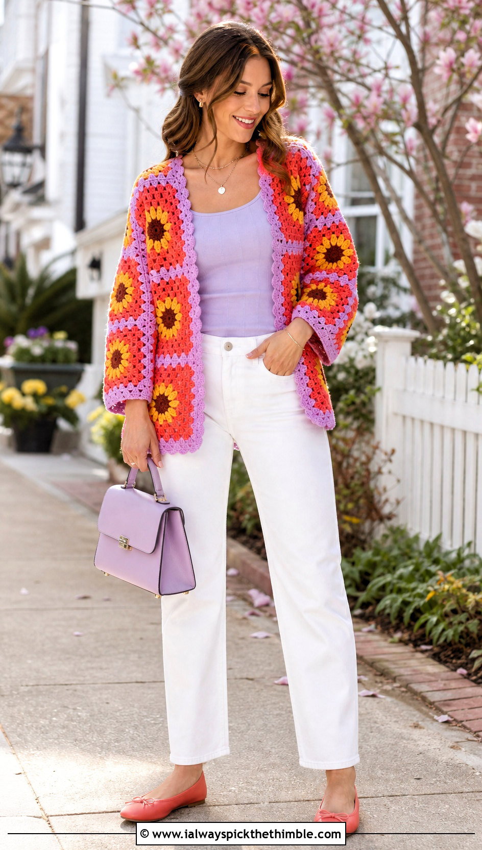 Sunflower Center Big Granny Square Cardigan With White Jeans - 25 Big Granny Square Cardigan outfit ideas