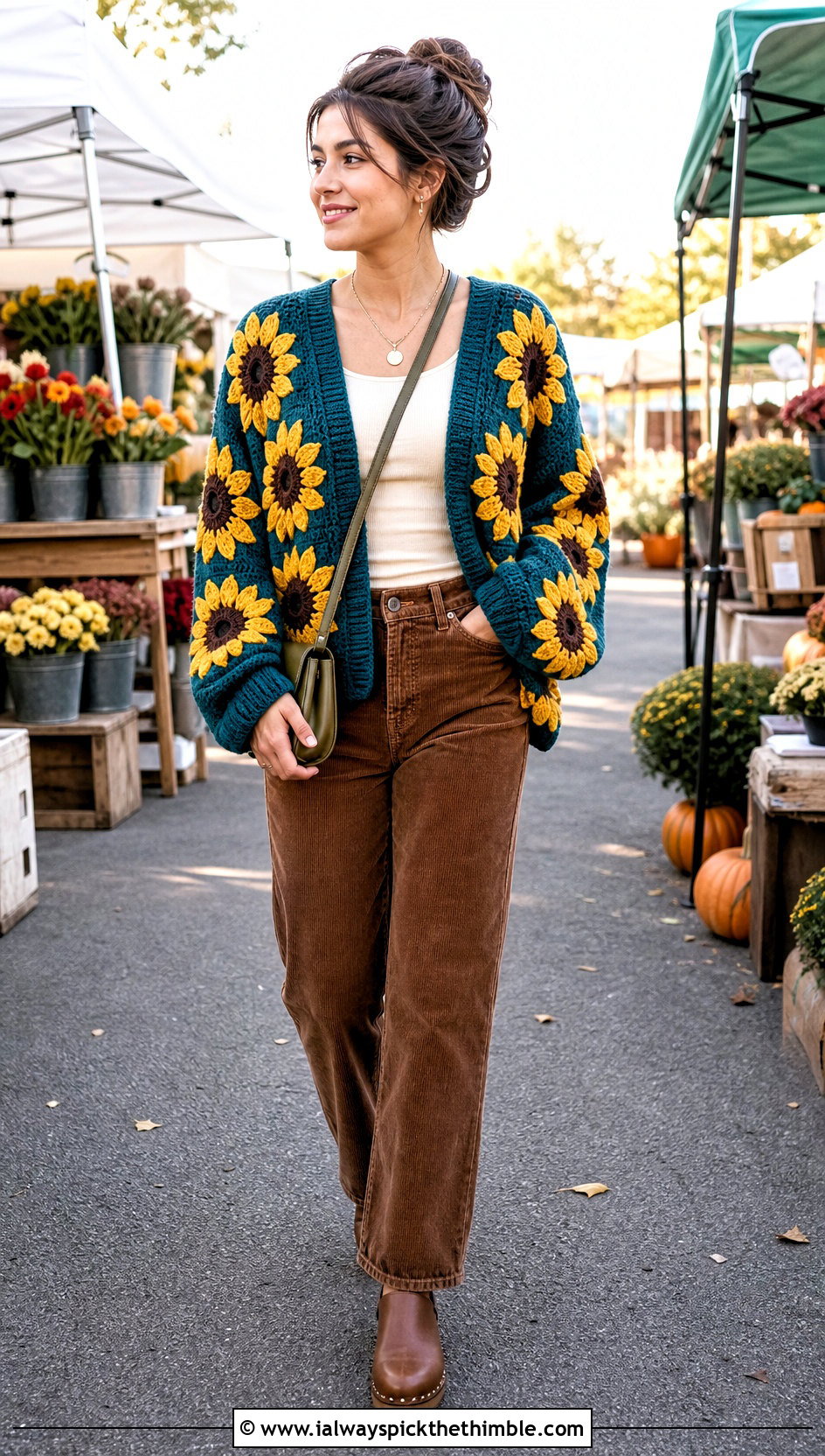 Sunflower Chunky Crochet Cardigan With Brown Corduroy Pants - 25 chunky crochet cardigan outfit ideas
