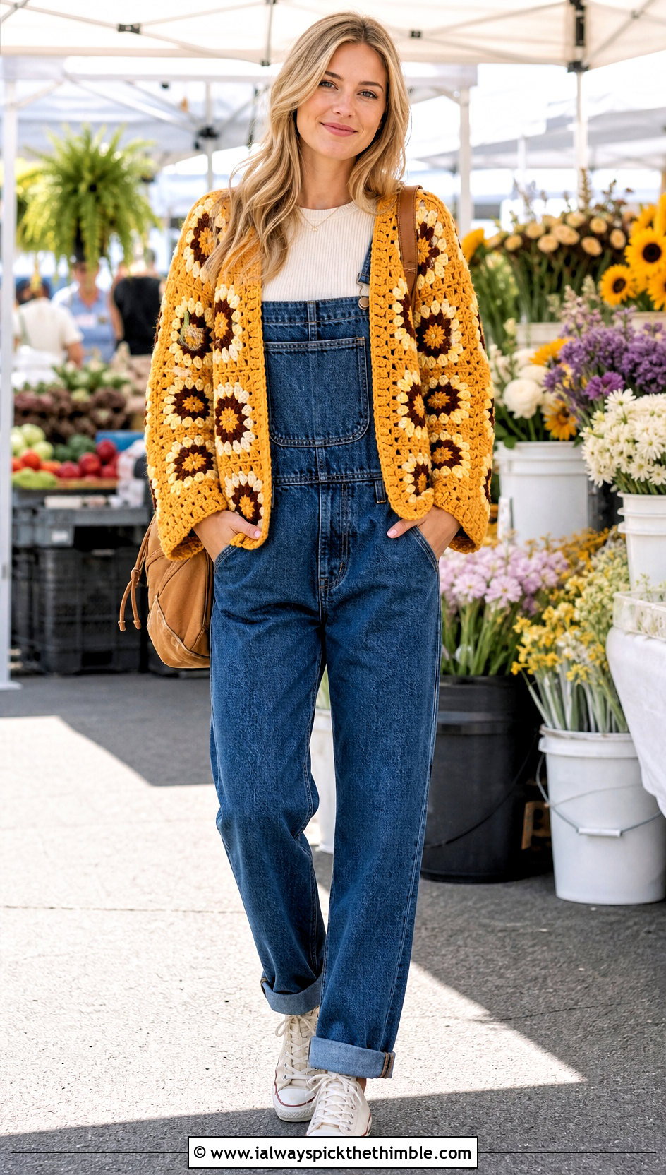 Sunflower Chunky Granny Square Cardigan With Denim Overalls - 25 Chunky Granny Square Cardigan outfit ideas