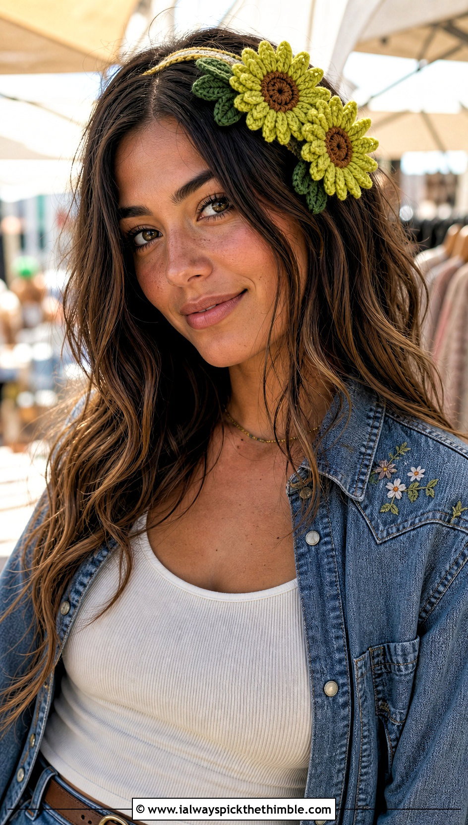 Sunflower Cluster Crochet Headband With Flared Jeans - 20 Crochet Sunflower Headband outfit ideas