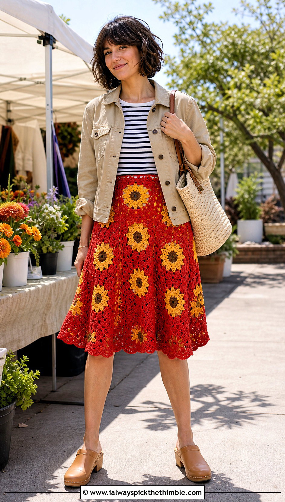 Sunflower Crochet A Line Skirt With Striped T Shirt - 25 crochet flower skirt outfit ideas