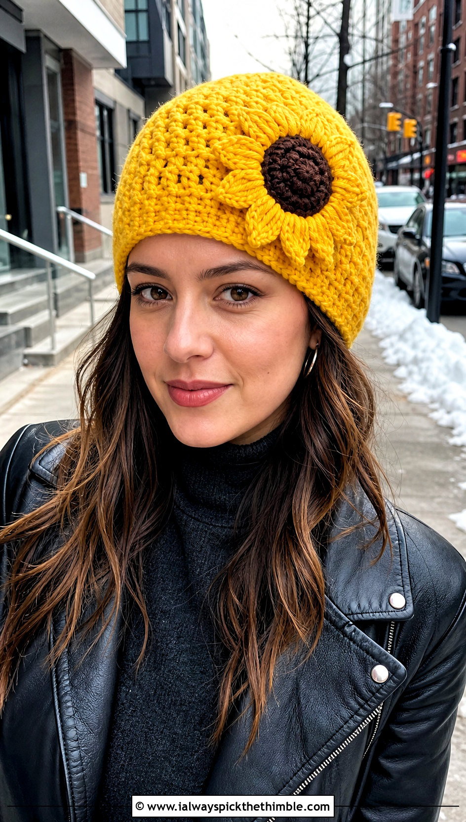 Sunflower Crochet Beanie With Leather Jacket - 15 Handmade Crochet Sunflower Hat outfit ideas