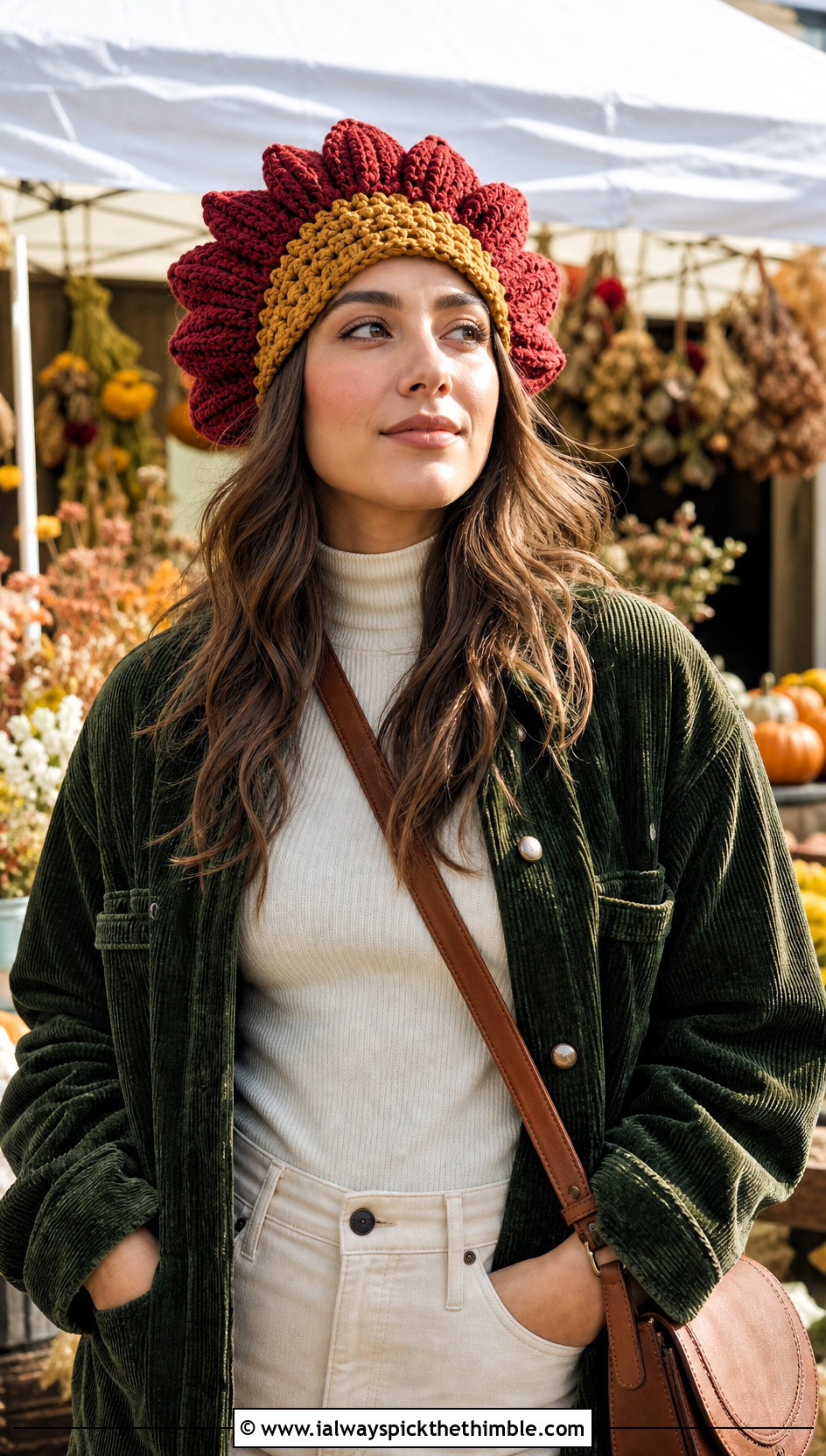 Sunflower Crochet Beret With Corduroy Jacket - 15 simple crochet beret outfit ideas