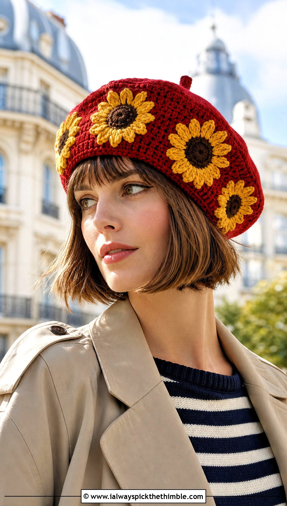 Sunflower Crochet Beret With Trench Coat - 15 Handmade Crochet Sunflower Hat outfit ideas