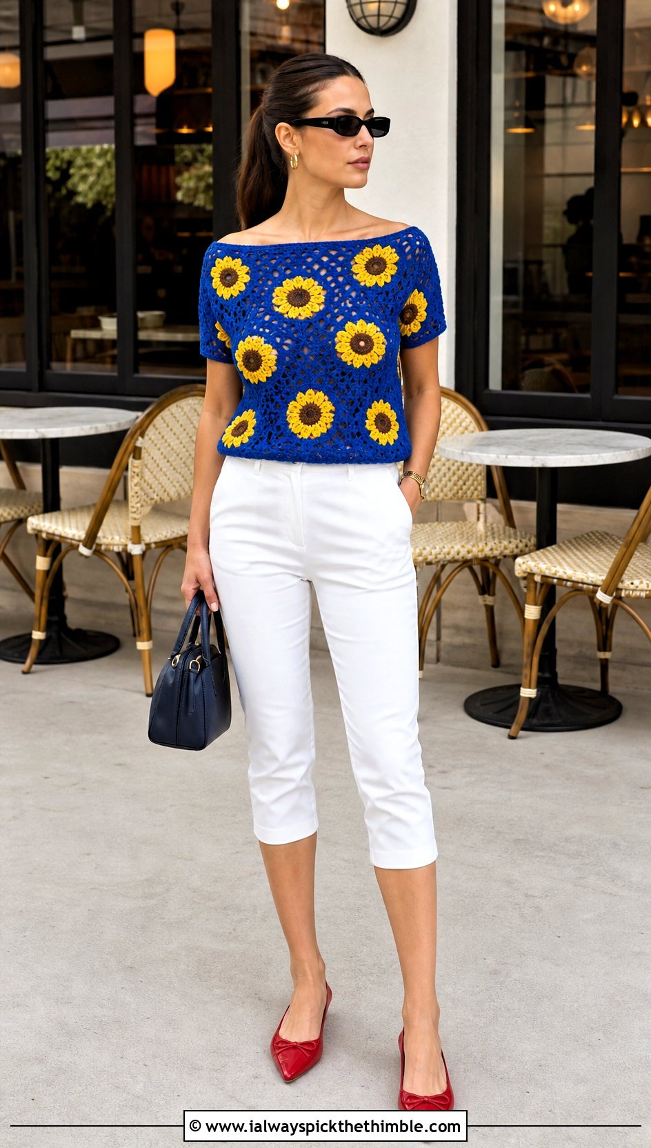 Sunflower Crochet Boat Neck Top With Capri Pants - 25 crochet sunflower top outfit ideas