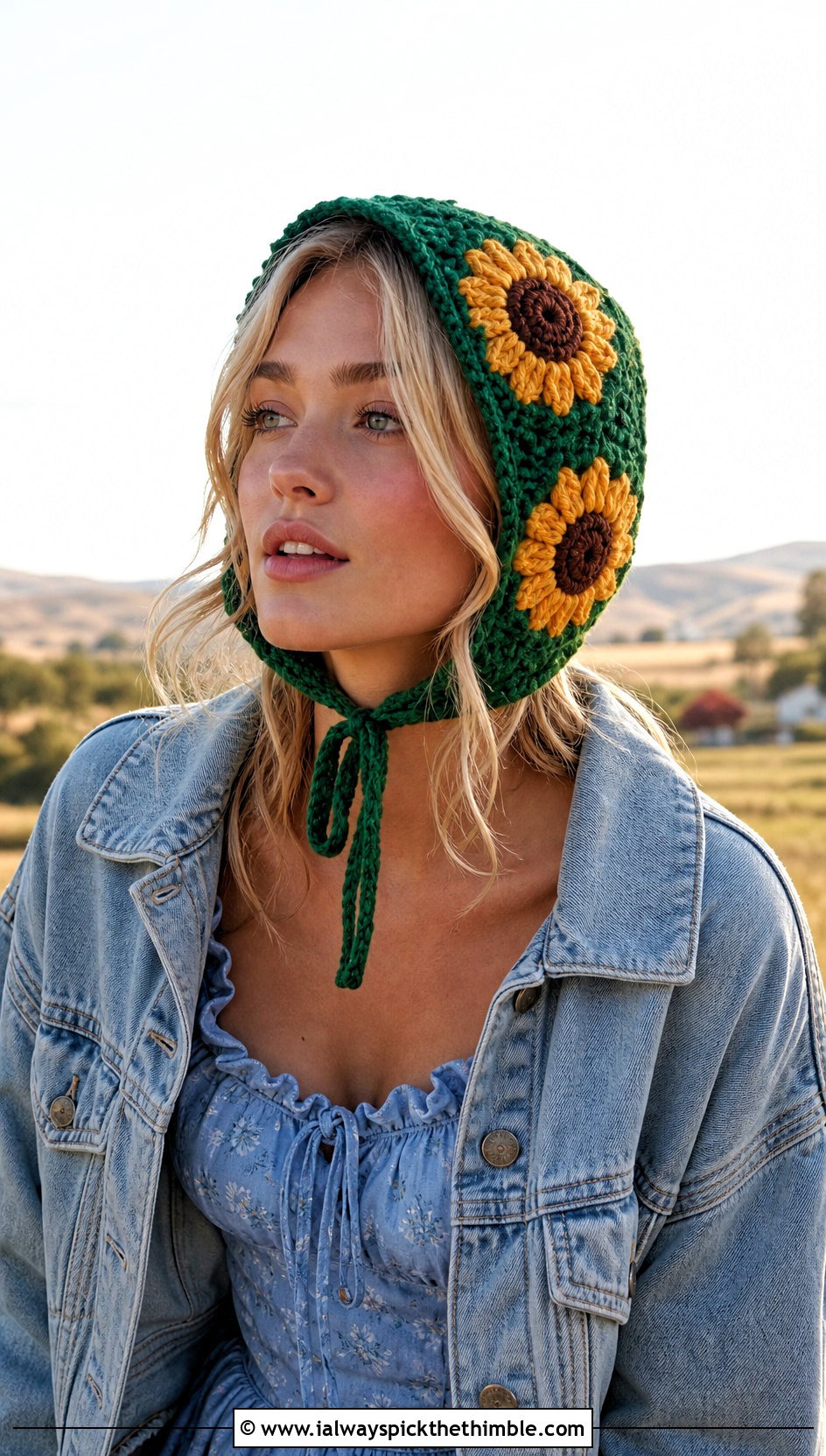 Sunflower Crochet Bonnet With Prairie Dress - 15 Handmade Crochet Sunflower Hat outfit ideas