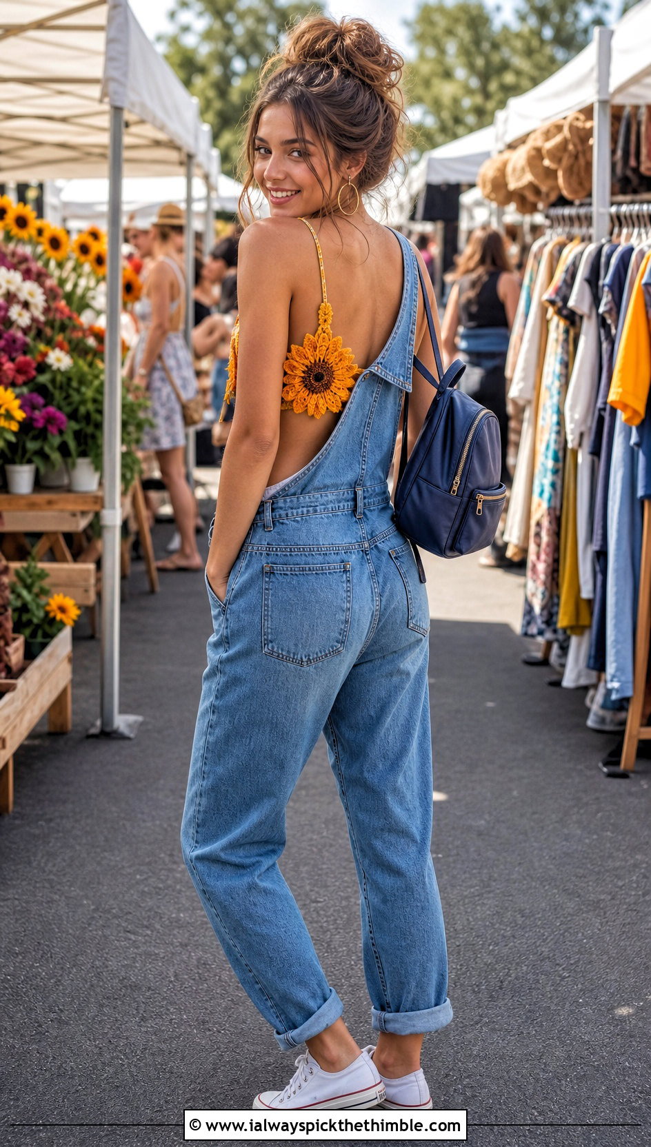 Sunflower Crochet Bralette Crop Top With Denim Overalls - 20 crochet flower crop top outfit ideas