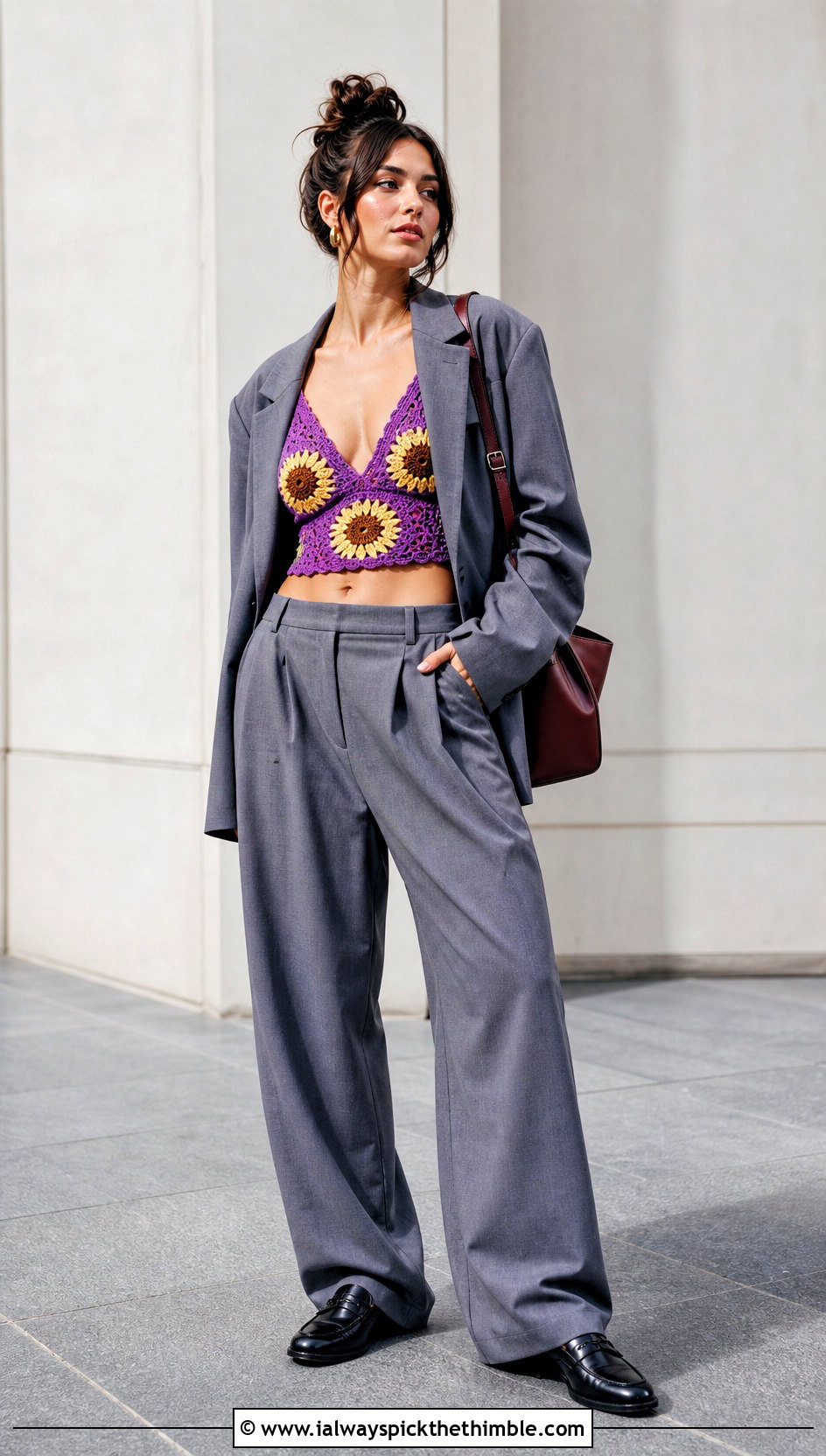 Sunflower Crochet Bralette Top With Oversized Suit - 25 crochet sunflower top outfit ideas