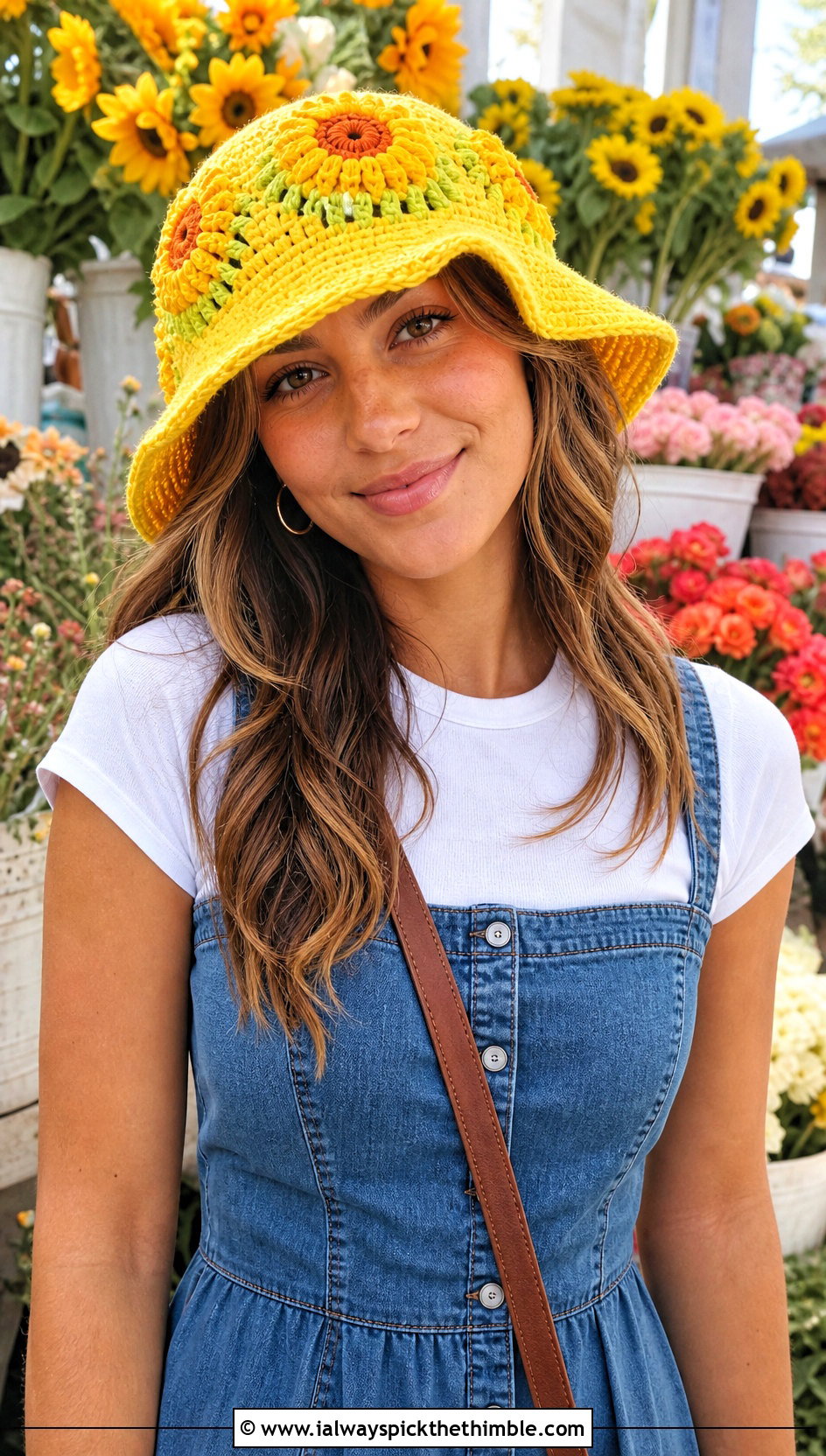 Sunflower Crochet Bucket Hat With Denim Midi Dress - 20 crocheting bucket hat outfit ideas