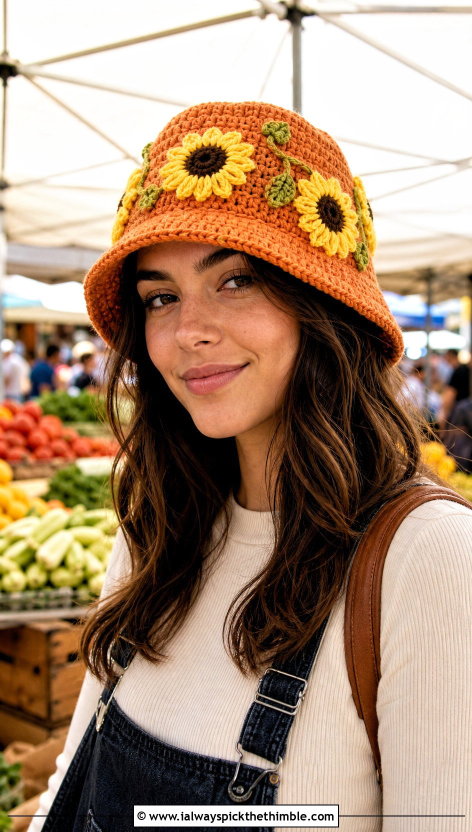 Sunflower Crochet Bucket Hat With Denim Overalls - 20 Crochet Bucket Hat Design Ideas