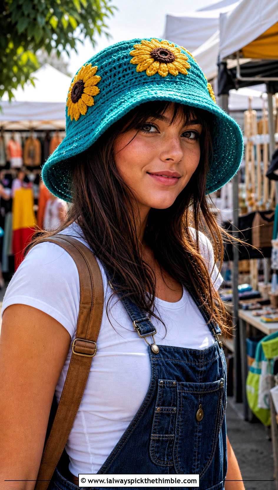 Sunflower Crochet Bucket Hat With Denim Overalls - 20 crochet adult bucket hat outfit ideas