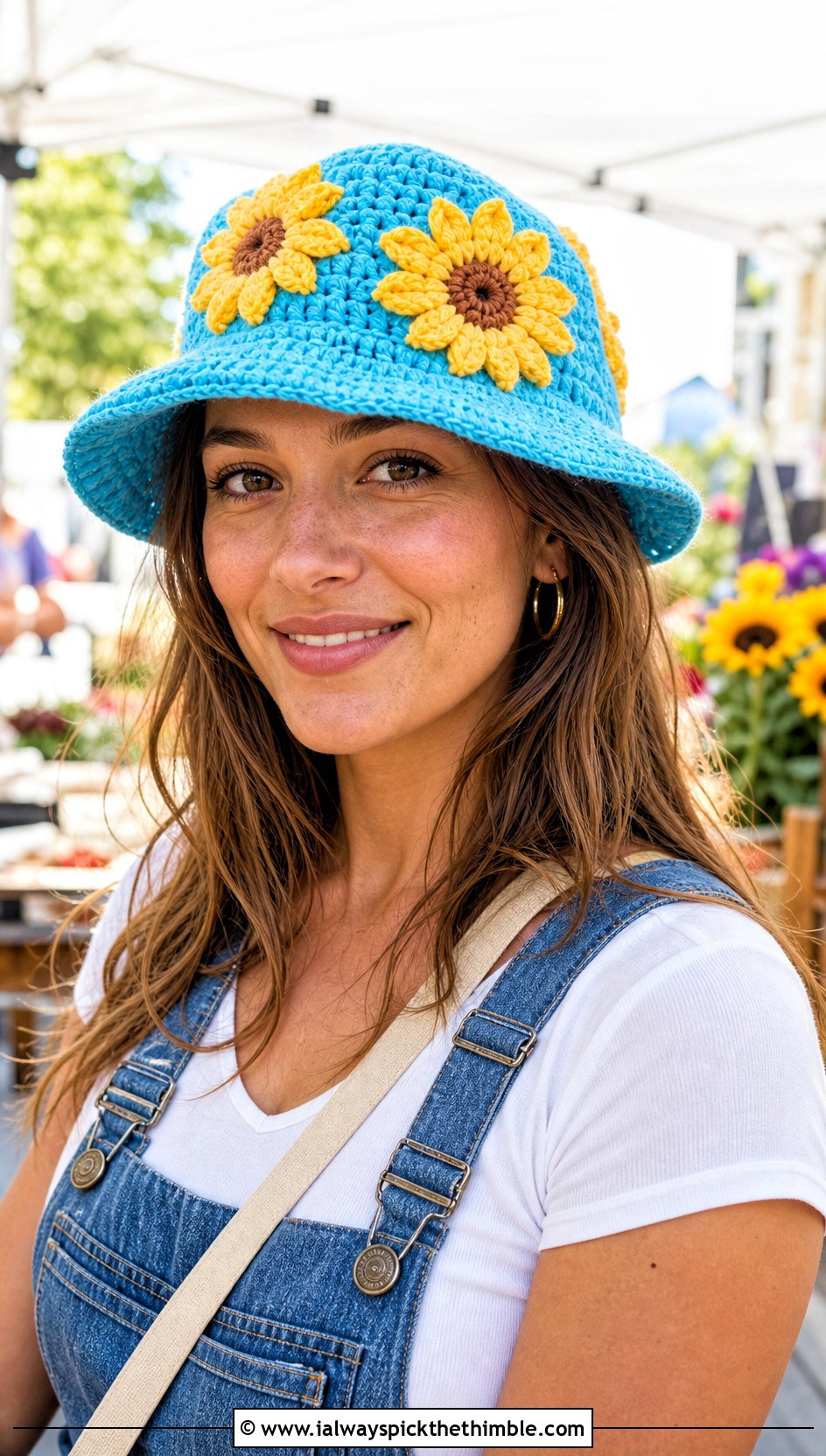 Sunflower Crochet Bucket Hat With Overalls And Sneakers - 20 Easy Crochet Bucket Hats outfit ideas