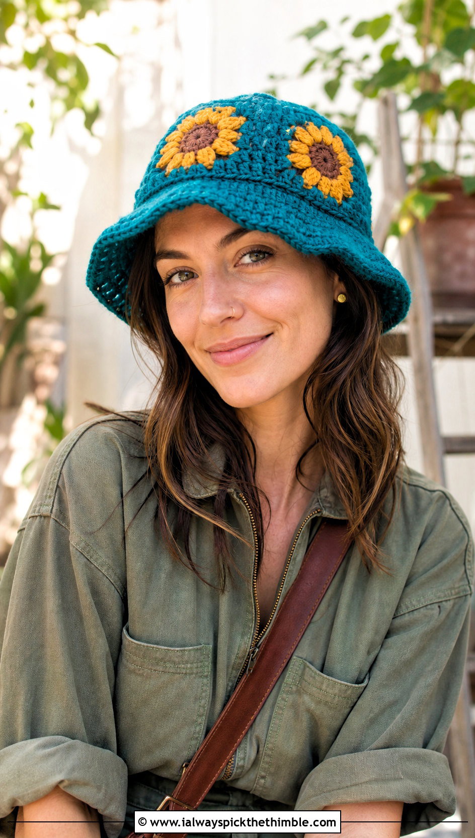 Sunflower Crochet Bucket Hat With Utility Jumpsuit - 25 crochet bucket hats outfit ideas