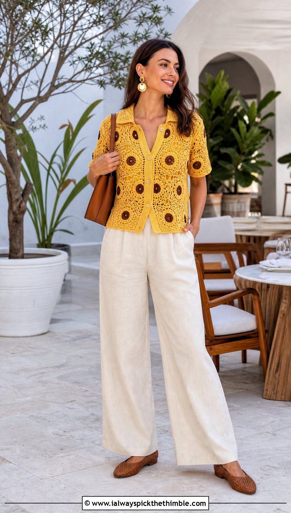 Sunflower Crochet Button Up Shirt With Linen Trousers - 25 Crochet Flower Shirt outfit ideas