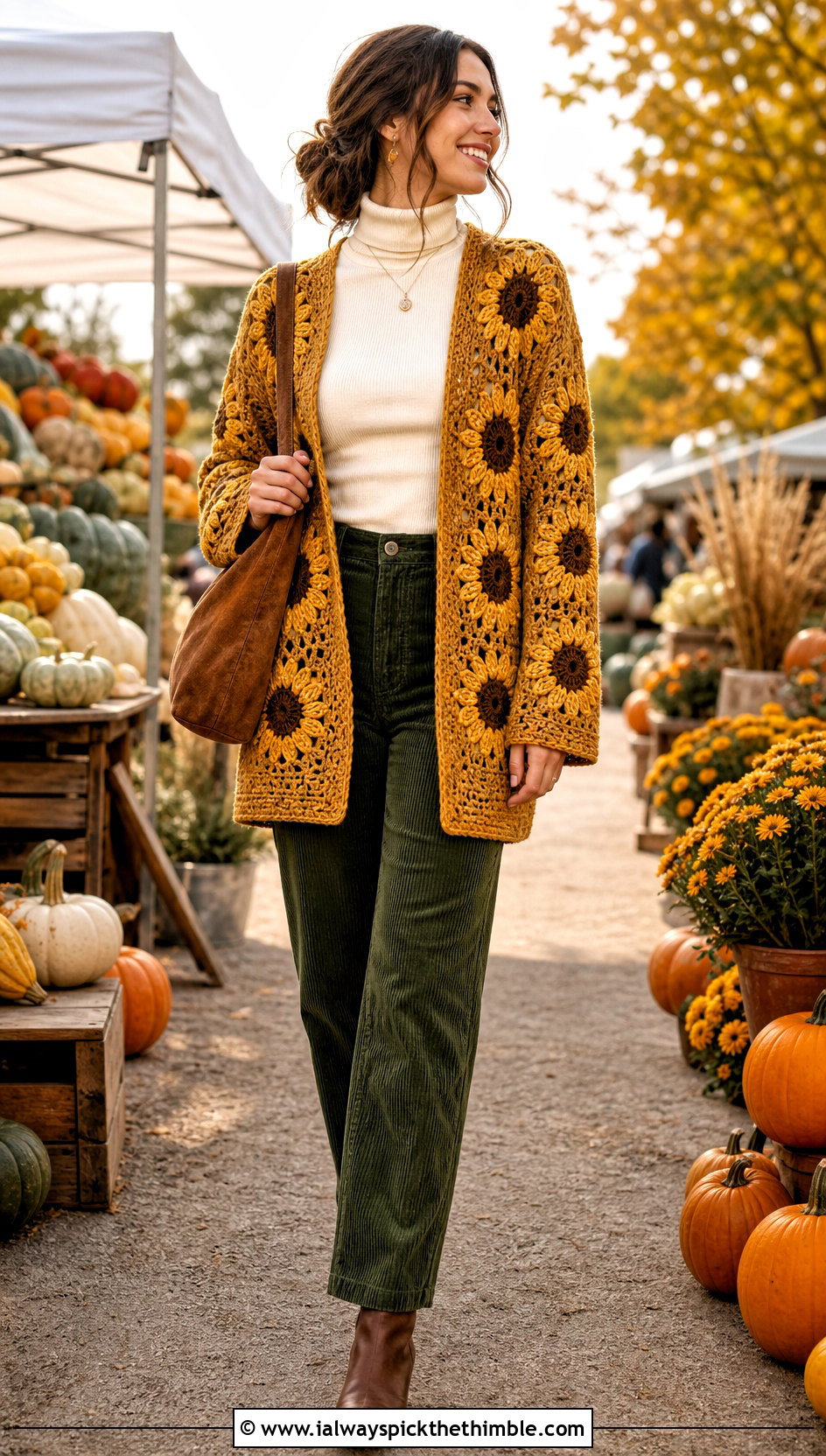 Sunflower Crochet Cardigan With Corduroy Pants - 20 bohemian crochet cardigan outfit ideas