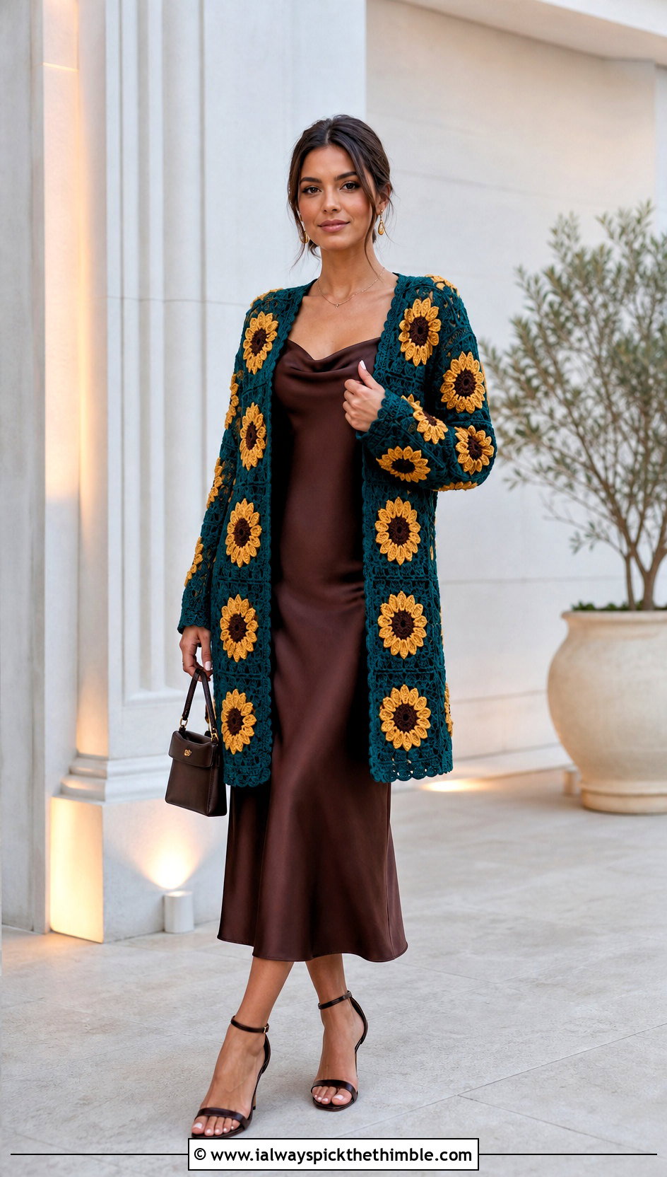 Sunflower Crochet Cardigan With Satin Slip Dress - 20 Flower Crochet Cardigan outfit ideas
