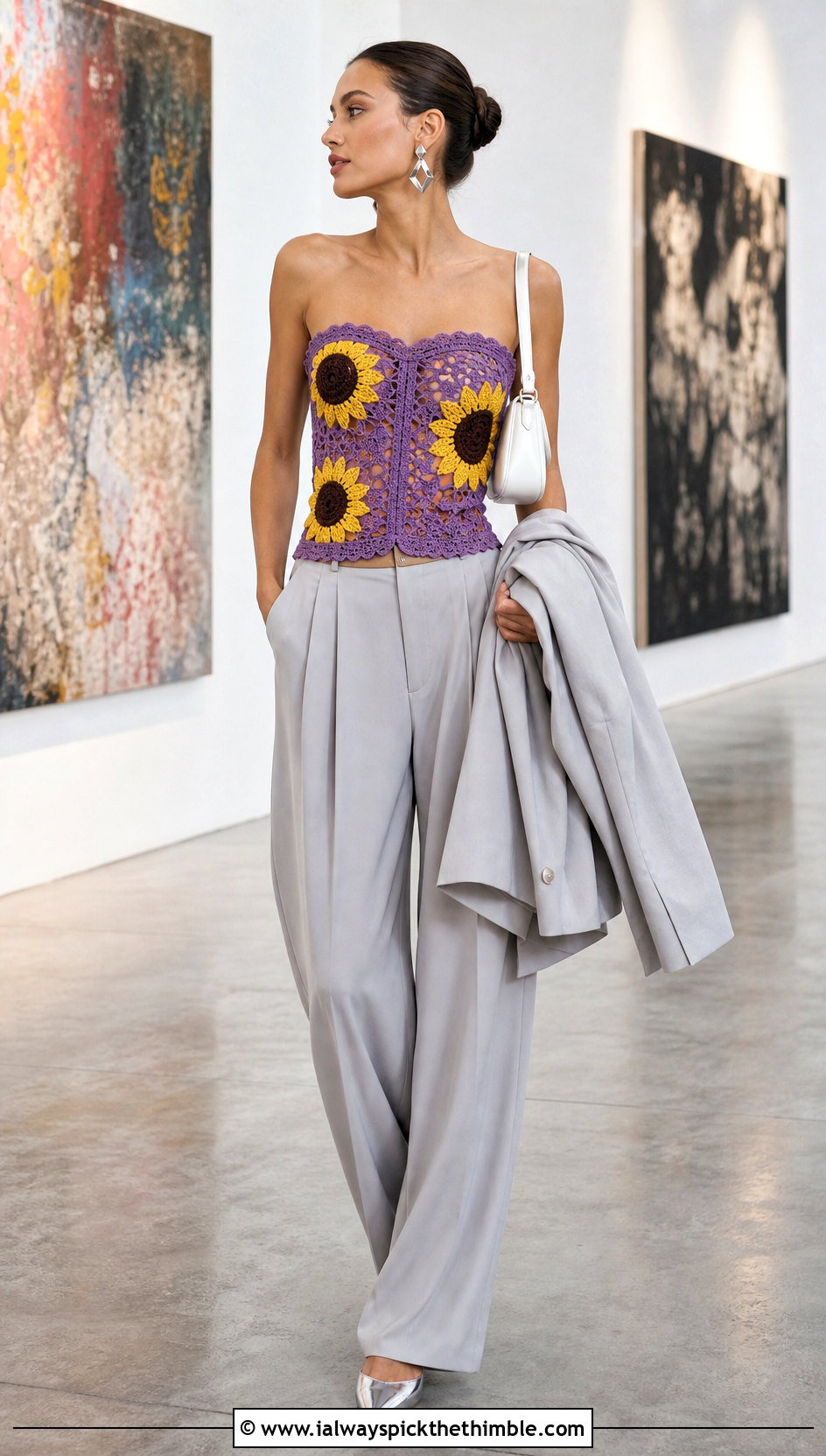 Sunflower Crochet Corset Top With Pleated Trousers - 25 crochet sunflower top outfit ideas