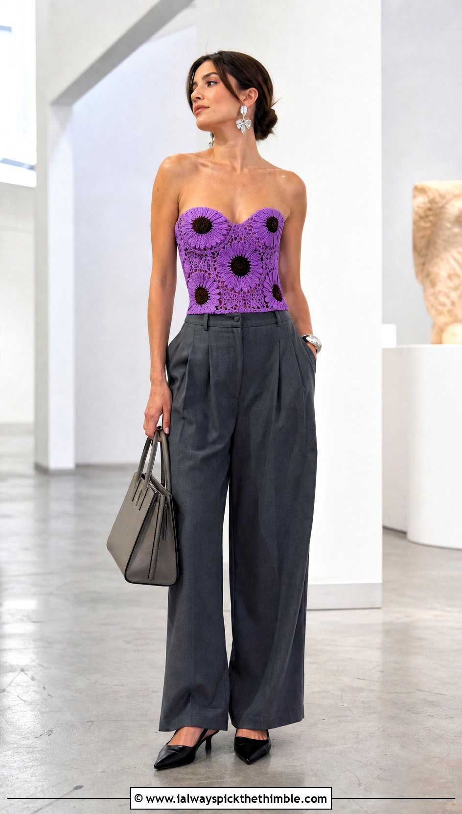 Sunflower Crochet Corset Top With Pleated Trousers - 20 sunflower crochet top outfit ideas