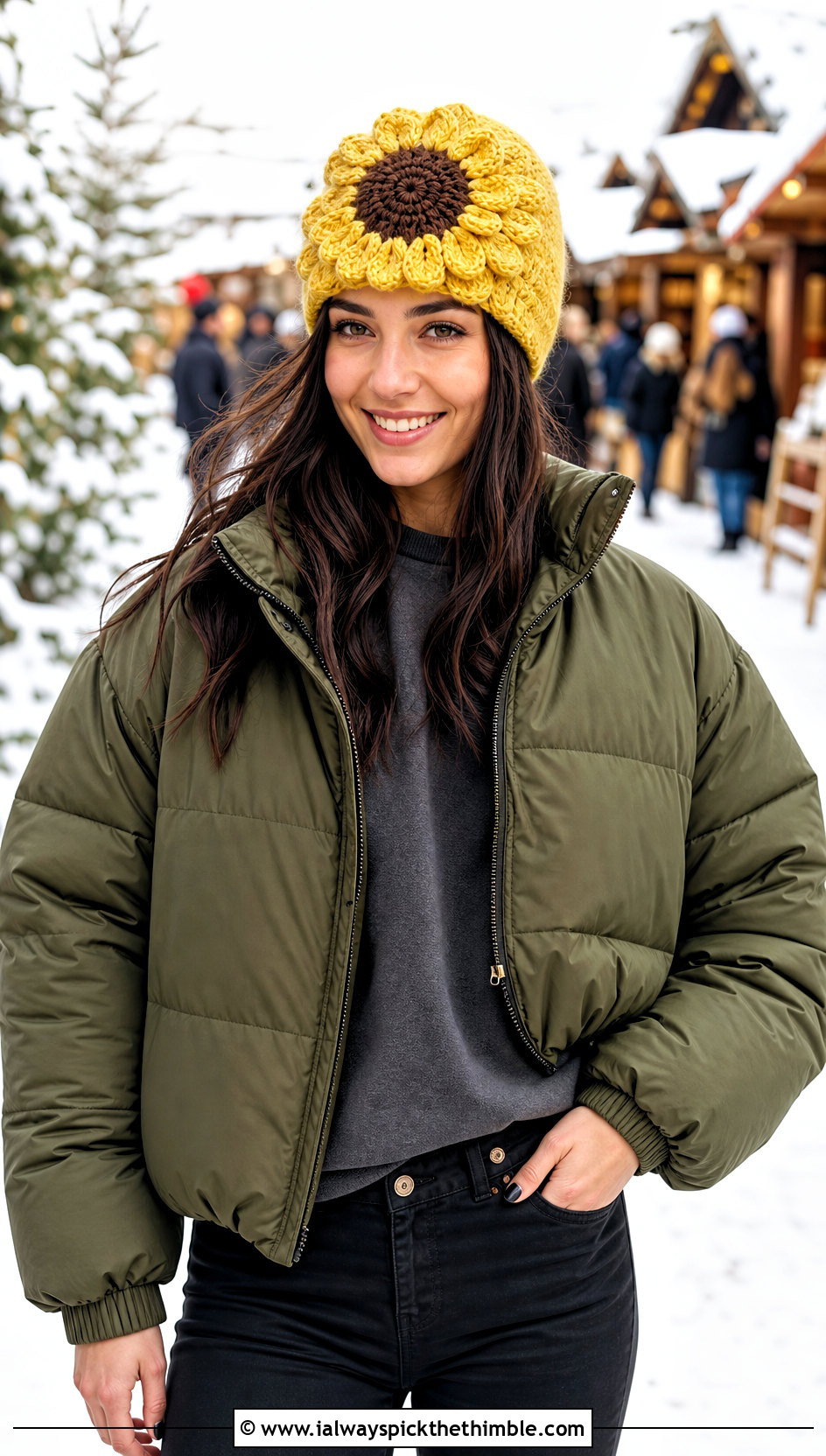 Sunflower Crochet Flower Beanie With Puffer Jacket - 20 crochet flower beanie outfit ideas