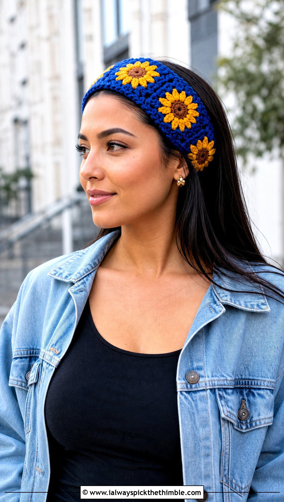 Sunflower Crochet Granny Square Headband With Denim Jacket - 15 Crochet Granny Square Headband outfit ideas